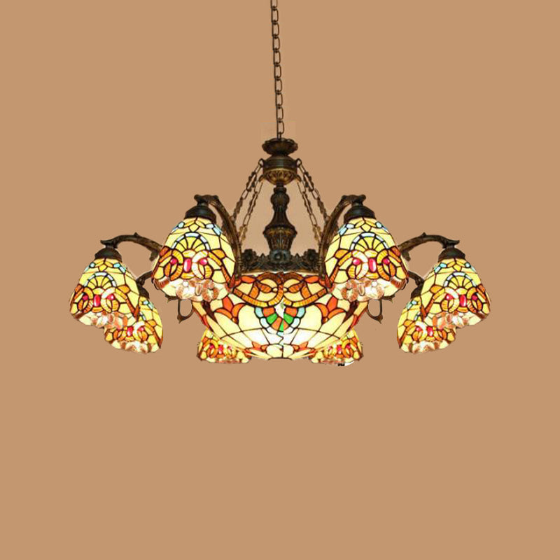 Mediterranean Brown Stained Glass Pendant Chandelier With Flower Shade - 8/11 Lights For Living Room