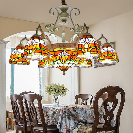 Mediterranean Stained Glass Dome Chandelier Pendant Light (9/11 Lights) in Distressed White