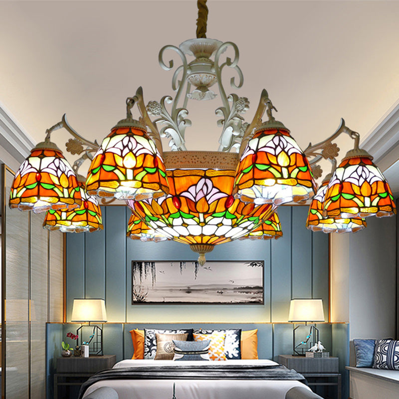 Mediterranean Stained Glass Dome Chandelier Pendant Light (9/11 Lights) in Distressed White