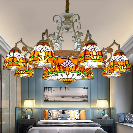 Mediterranean Stained Glass Dome Chandelier Pendant Light (9/11 Lights) in Distressed White