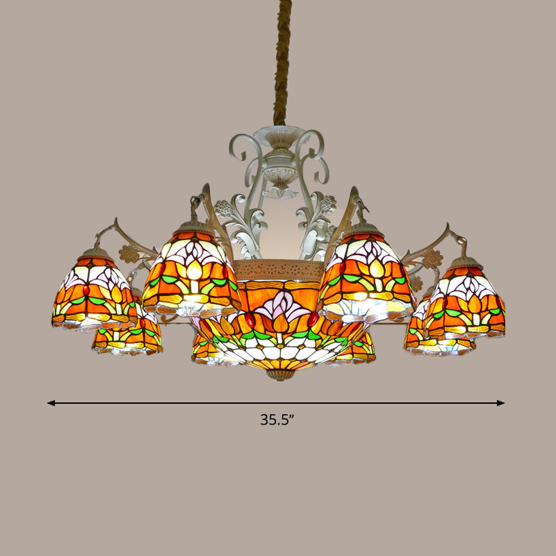 Mediterranean Stained Glass Dome Chandelier Pendant Light (9/11 Lights) in Distressed White