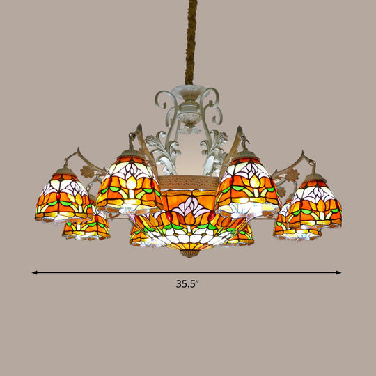 Mediterranean Stained Glass Dome Chandelier Pendant Light (9/11 Lights) in Distressed White