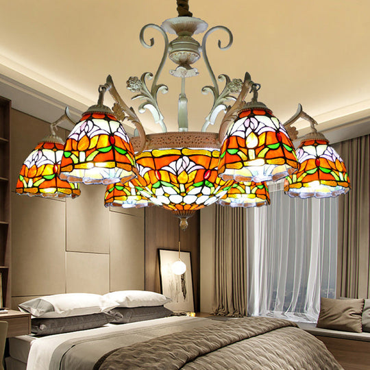 Mediterranean Stained Glass Dome Chandelier Pendant Light (9/11 Lights) in Distressed White