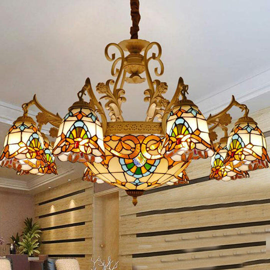 Tiffany Stained Glass Flower Chandelier Light - White And Gold Suspension Lighting With 9/11 Lights