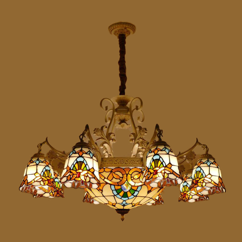 Tiffany Stained Glass Flower Chandelier Light - White And Gold Suspension Lighting With 9/11 Lights