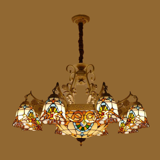 Tiffany Stained Glass Flower Chandelier Light - White And Gold Suspension Lighting With 9/11 Lights