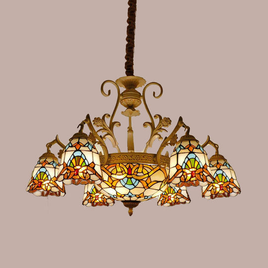 Tiffany Stained Glass Flower Chandelier Light - White And Gold Suspension Lighting With 9/11 Lights