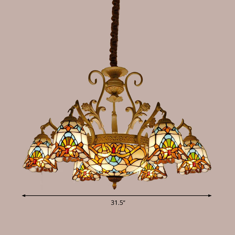 Tiffany Stained Glass Flower Chandelier Light - White And Gold Suspension Lighting With 9/11 Lights