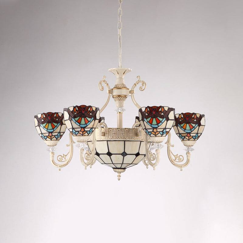 Mediterranean Cream Stained Glass Chandelier With 6 Lights - Elegant Living Room Ceiling Lamp