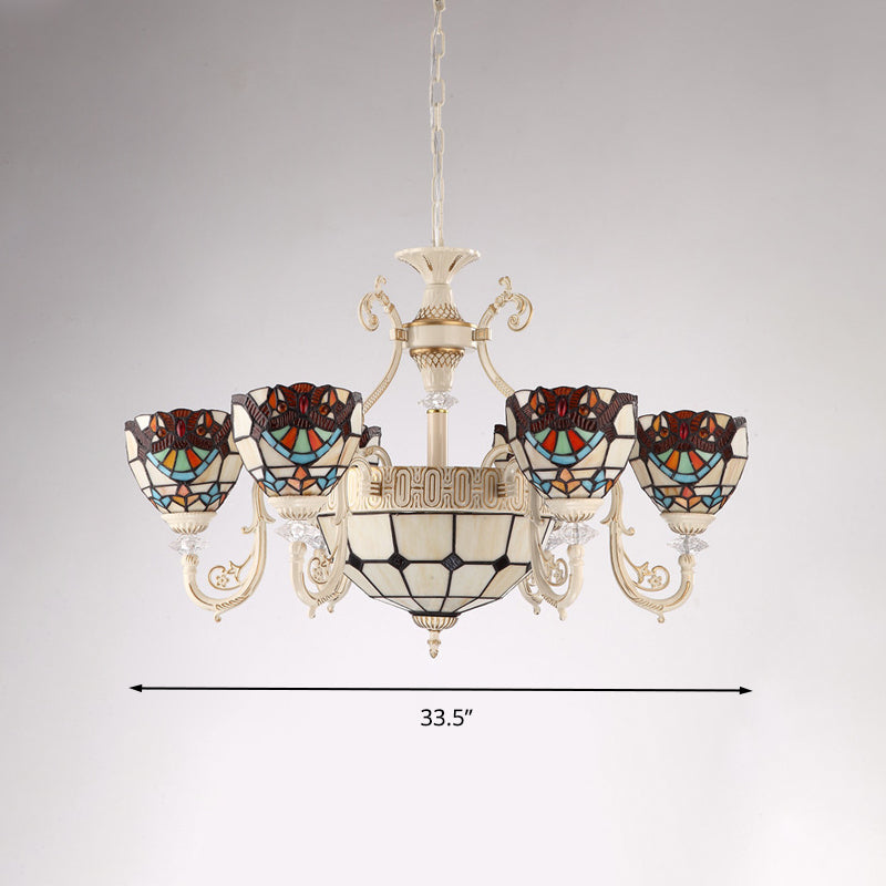 Mediterranean Cream Stained Glass Chandelier With 6 Lights - Elegant Living Room Ceiling Lamp