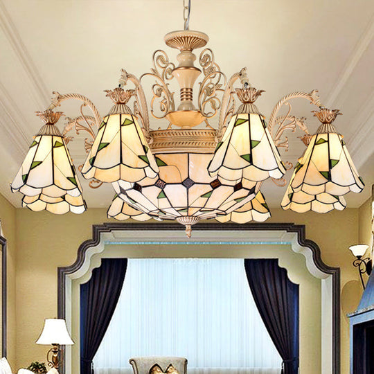 Baroque Conical Chandelier - 9/11 Light Cut Glass Hanging Fixture In White & Gold 11 / White-Gold