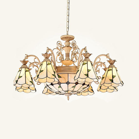 Baroque Conical Chandelier - 9/11 Light Cut Glass Hanging Fixture In White & Gold