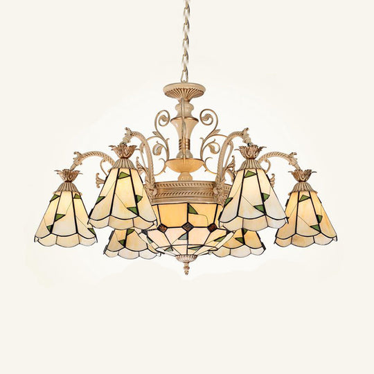 Baroque Conical Chandelier - 9/11 Light Cut Glass Hanging Fixture In White & Gold