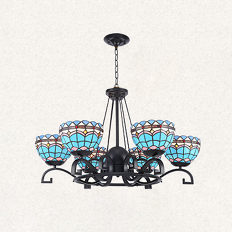 Dome Hanging Chandelier - Blue/Blue And Clear Glass Baroque Ceiling Pendant 3/6/8 Lights Perfect For