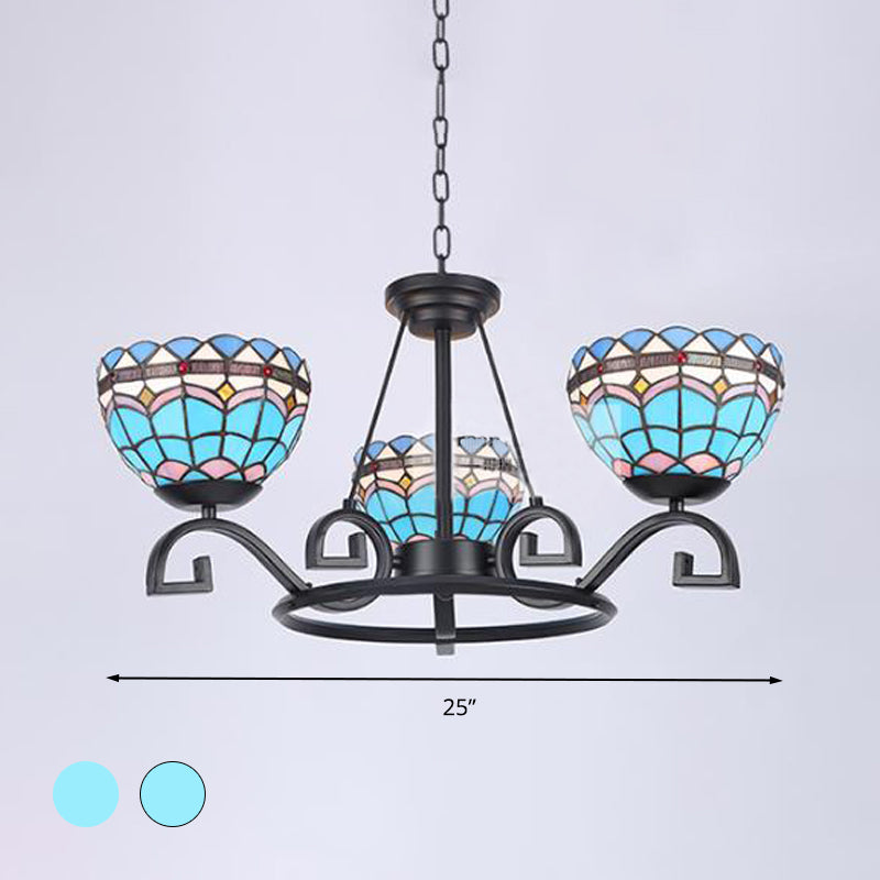 Dome Hanging Chandelier - Blue/Blue And Clear Glass Baroque Ceiling Pendant 3/6/8 Lights Perfect For