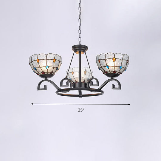 Tiffany Chandelier Light With Gem And Pearl Details Frosted Glass Suspension Fixture In Black -