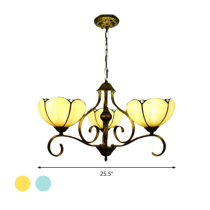 Scalloped Tiffany Chandelier: Yellow/Blue Stained Glass, 3/6/8 Lights, Hanging Fixture