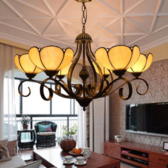 Scalloped Tiffany Chandelier: Yellow/Blue Stained Glass, 3/6/8 Lights, Hanging Fixture