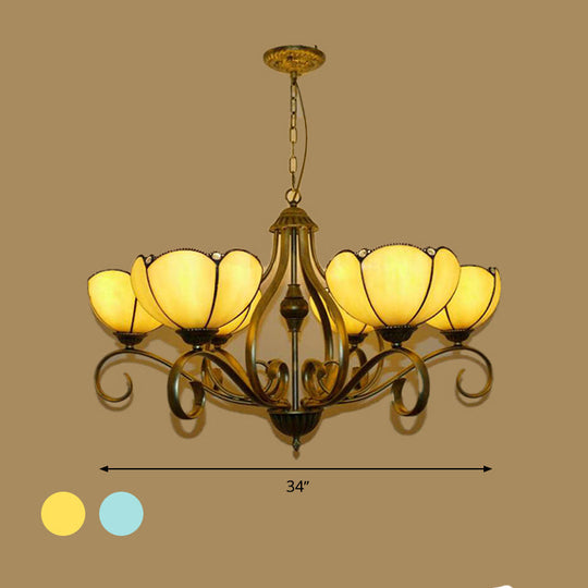 Scalloped Tiffany Chandelier: Yellow/Blue Stained Glass, 3/6/8 Lights, Hanging Fixture