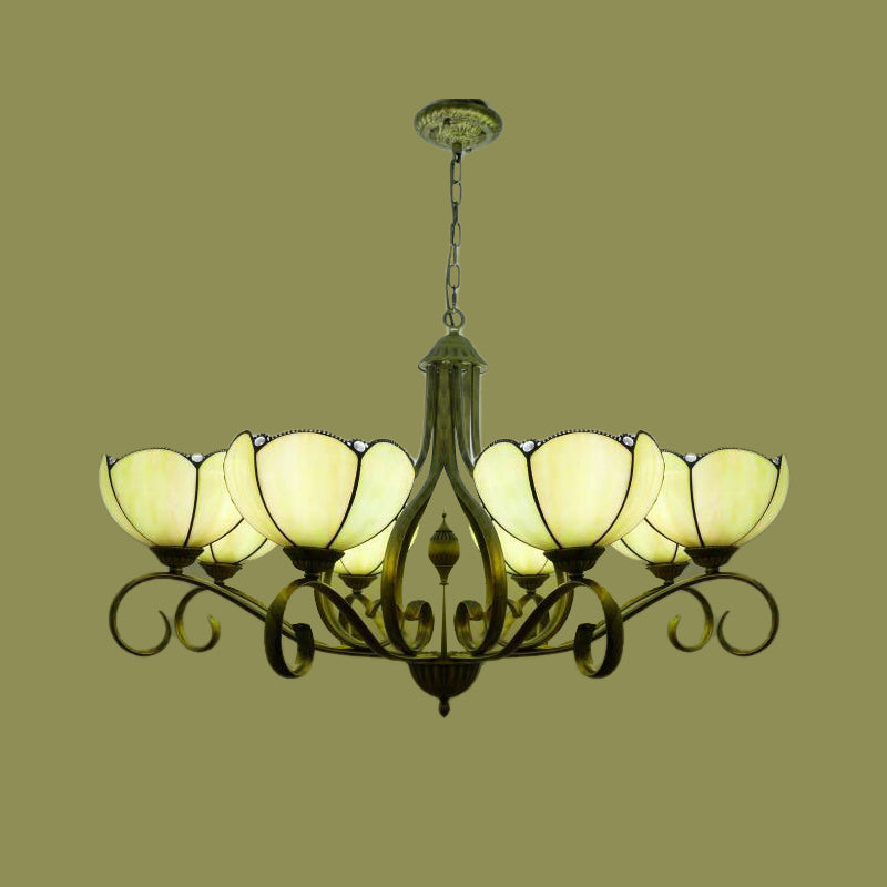 Scalloped Tiffany Chandelier: Yellow/Blue Stained Glass, 3/6/8 Lights, Hanging Fixture