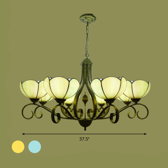 Scalloped Tiffany Chandelier: Yellow/Blue Stained Glass, 3/6/8 Lights, Hanging Fixture