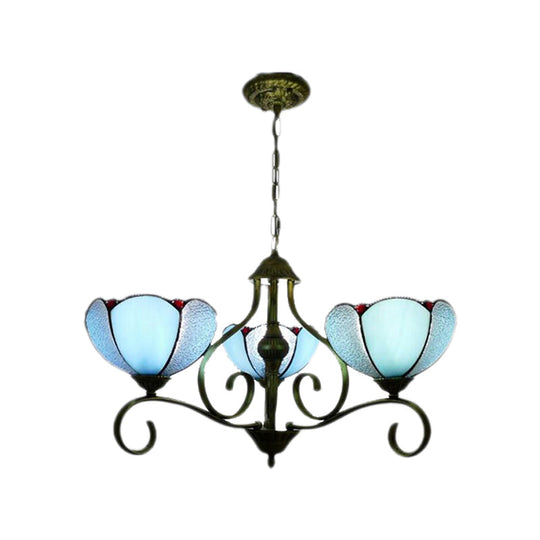 Scalloped Tiffany Chandelier: Yellow/Blue Stained Glass, 3/6/8 Lights, Hanging Fixture