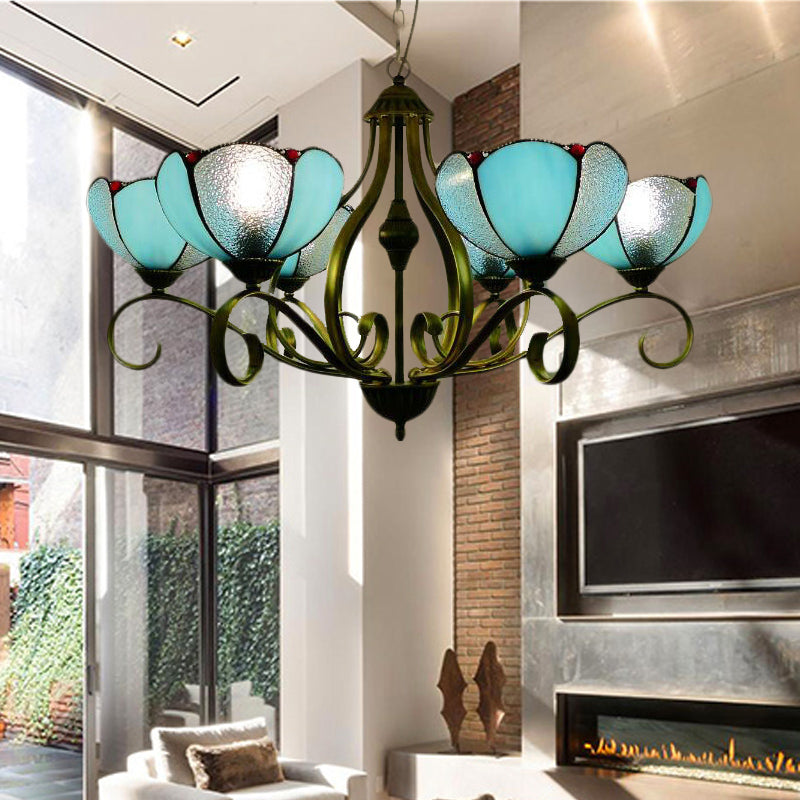 Scalloped Tiffany Chandelier: Yellow/Blue Stained Glass, 3/6/8 Lights, Hanging Fixture