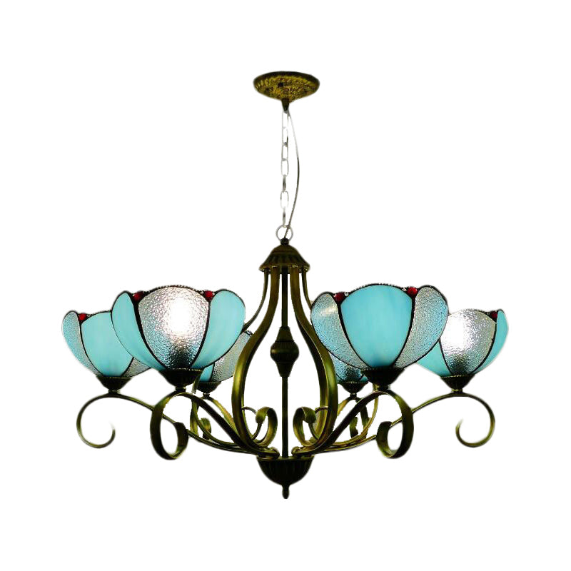 Scalloped Tiffany Chandelier: Yellow/Blue Stained Glass, 3/6/8 Lights, Hanging Fixture