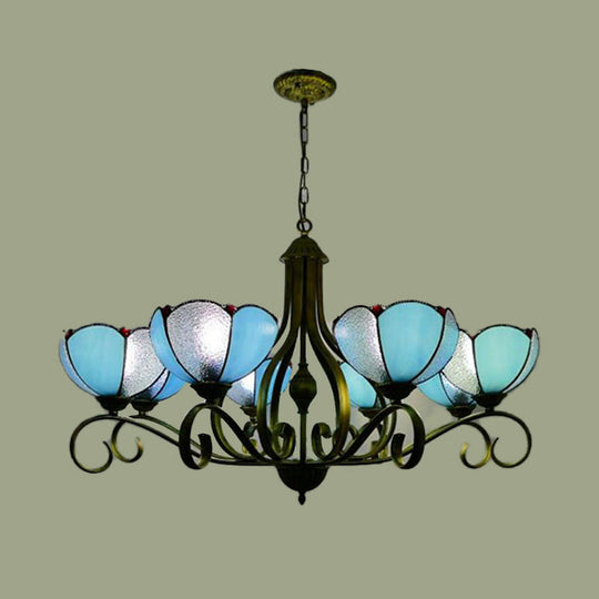 Scalloped Tiffany Chandelier: Yellow/Blue Stained Glass, 3/6/8 Lights, Hanging Fixture