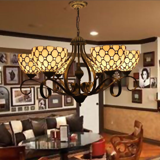 Beige Pendant Chandelier - Mediterranean Stained Glass Jeweled Suspension Lamp 3/6/8 Lights