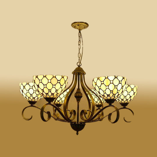 Beige Pendant Chandelier - Mediterranean Stained Glass Jeweled Suspension Lamp 3/6/8 Lights