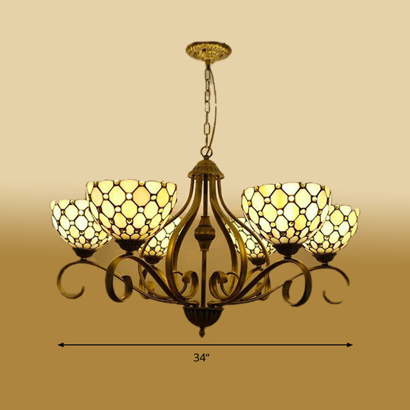 Beige Pendant Chandelier - Mediterranean Stained Glass Jeweled Suspension Lamp 3/6/8 Lights