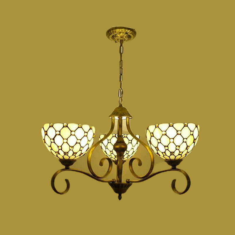 Beige Pendant Chandelier - Mediterranean Stained Glass Jeweled Suspension Lamp 3/6/8 Lights