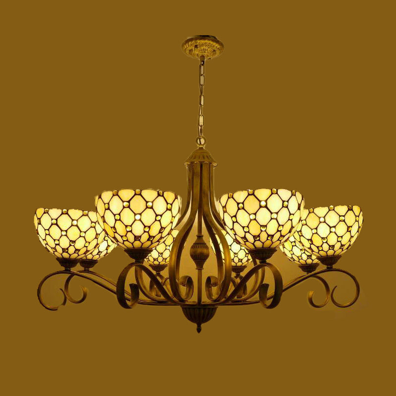 Mediterranean Stained Glass Pendant Chandelier with Jeweled Beige Finish - Available in 3 Sizes and 3 Lighting Options