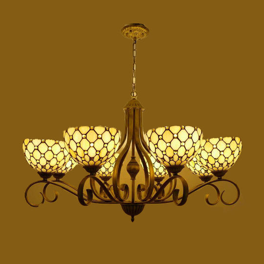 Beige Pendant Chandelier - Mediterranean Stained Glass Jeweled Suspension Lamp 3/6/8 Lights