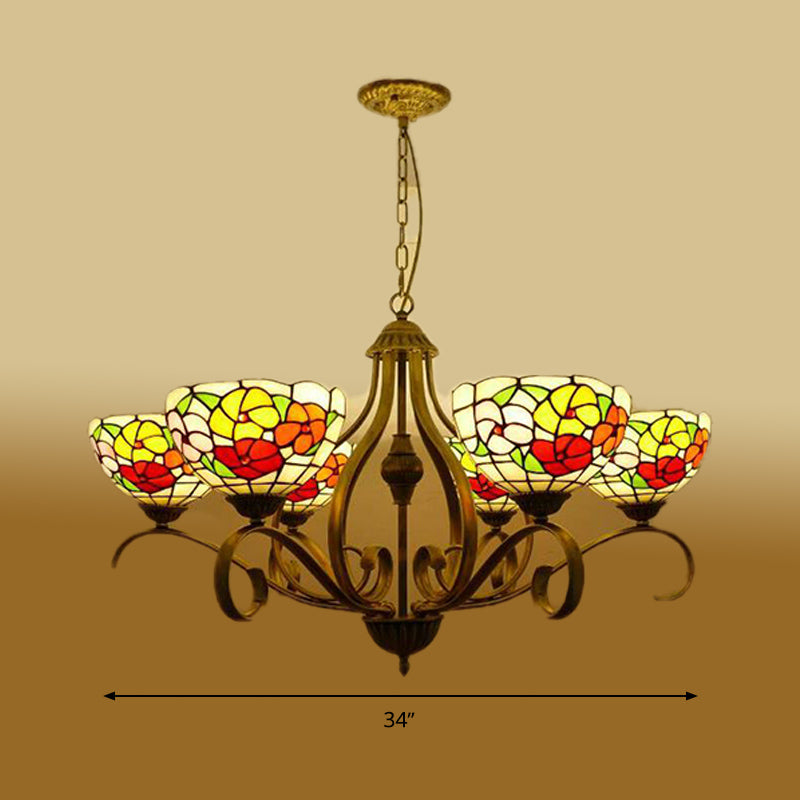 Mediterranean Stained Glass Ceiling Chandelier with Flower Design - Antique Brass Pendant Light (3/6/8 Lights)