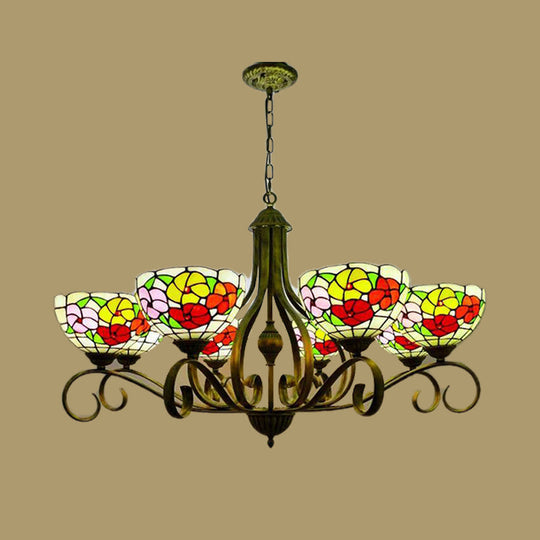 Mediterranean Stained Glass Ceiling Chandelier with Flower Design - Antique Brass Pendant Light (3/6/8 Lights)