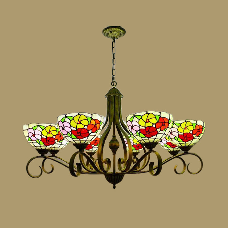 Mediterranean Stained Glass Ceiling Chandelier With Flower Design - Antique Brass Pendant Lights