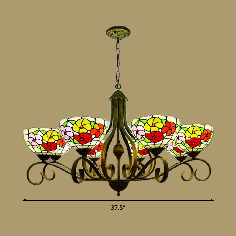 Mediterranean Stained Glass Ceiling Chandelier with Flower Design - Antique Brass Pendant Light (3/6/8 Lights)