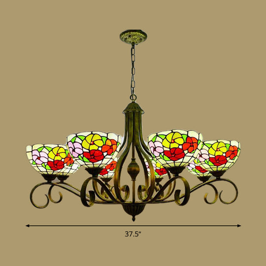 Mediterranean Stained Glass Ceiling Chandelier With Flower Design - Antique Brass Pendant Lights