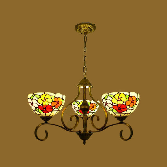 Mediterranean Stained Glass Ceiling Chandelier with Flower Design - Antique Brass Pendant Light (3/6/8 Lights)