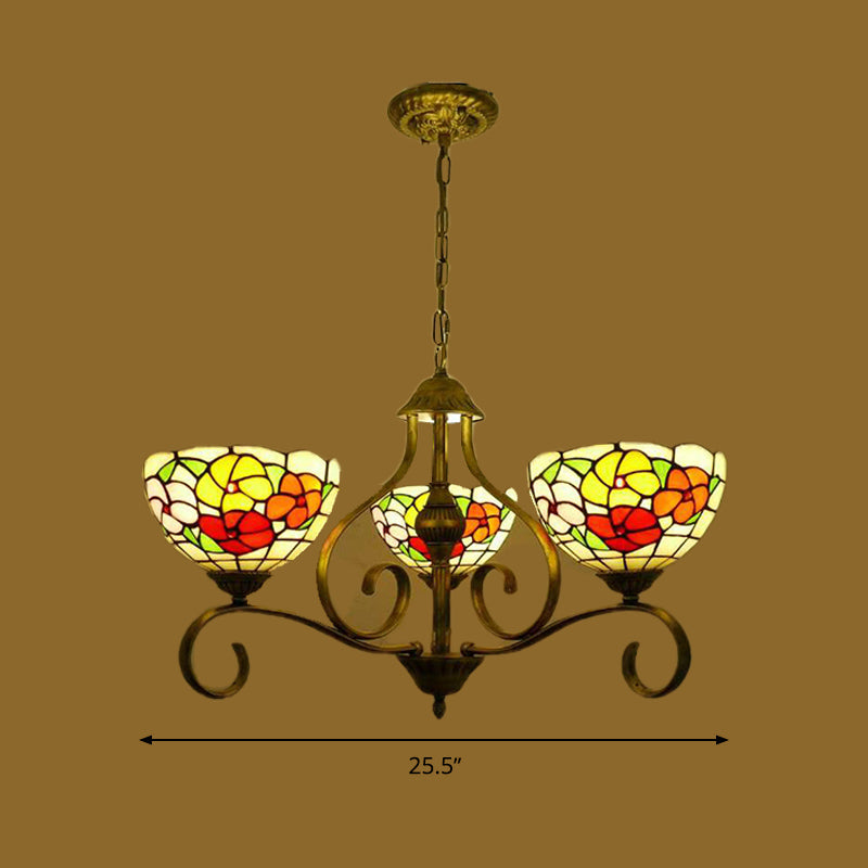 Mediterranean Stained Glass Ceiling Chandelier with Flower Design - Antique Brass Pendant Light (3/6/8 Lights)