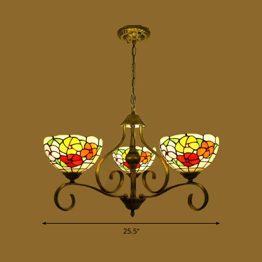 Mediterranean Stained Glass Ceiling Chandelier with Flower Design - Antique Brass Pendant Light (3/6/8 Lights)