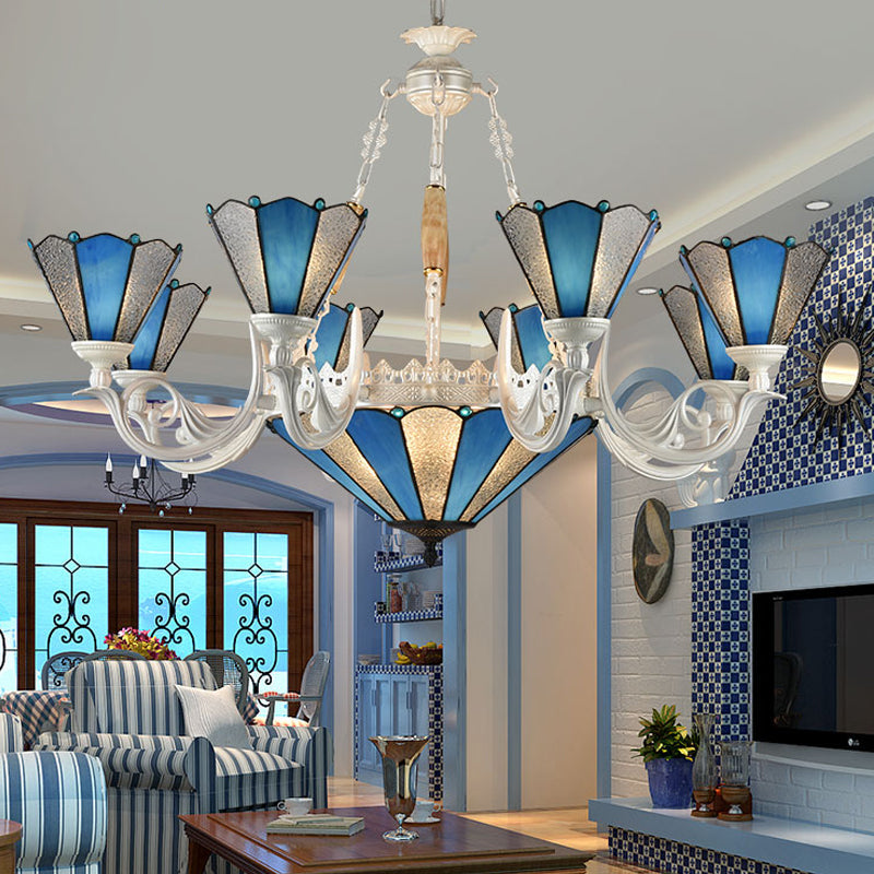 Frosted Blue Conical Glass Chandelier Lamp - Baroque Design with 3/9/11 Lights - Elegant Cream Hanging Pendant Light for Living Room