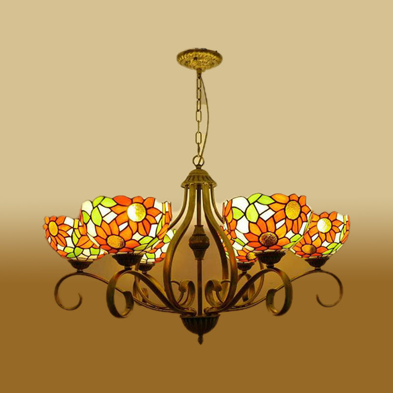 Antique Brass Chandelier Light Fixture With Stained Glass Sunflower Design Tiffany Style Drop