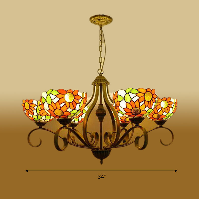 Antique Brass Chandelier Light Fixture - Stained Glass Sunflower Style - 3/6/8 Lights - Tiffany Inspired Pendant - Sizes: 25.5"/34"/37.5