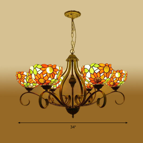 Antique Brass Chandelier Light Fixture With Stained Glass Sunflower Design Tiffany Style Drop