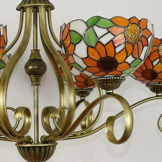 Antique Brass Chandelier Light Fixture With Stained Glass Sunflower Design Tiffany Style Drop