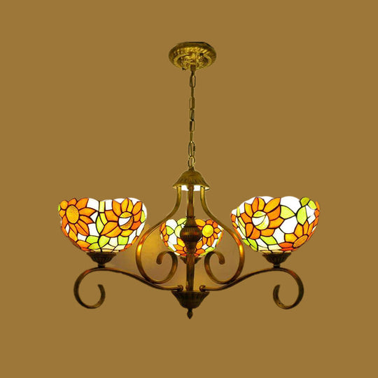 Antique Brass Chandelier Light Fixture - Stained Glass Sunflower Style - 3/6/8 Lights - Tiffany Inspired Pendant - Sizes: 25.5"/34"/37.5