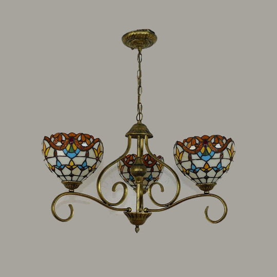 Stained Glass Tiffany Pendant Chandelier with Domed Shape - Antique Brass Finish, 3/6/8 Lights